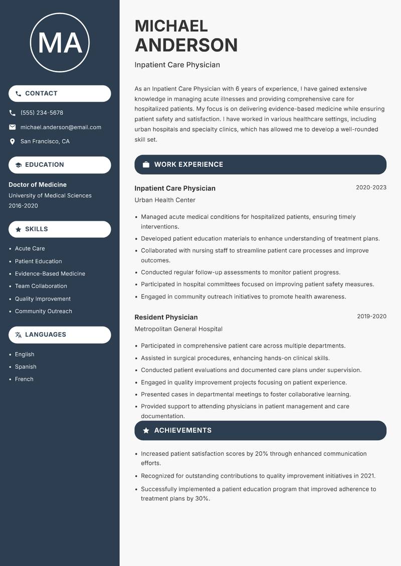 Inpatient Care Physician resume template — Compact