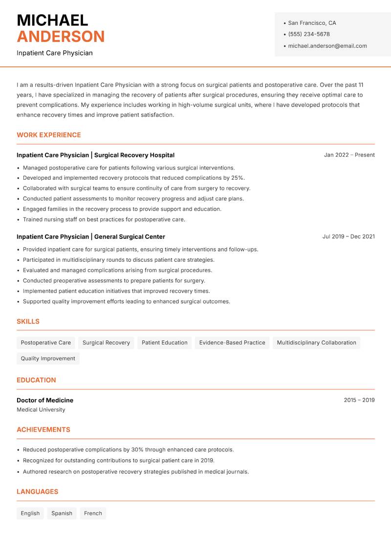 Inpatient Care Physician resume template — Modern Professional