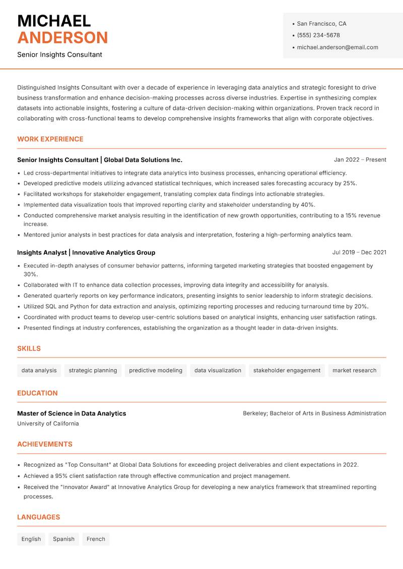 Insights Consultant resume template — Modern Professional