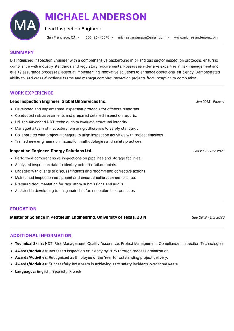 Inspection Engineer Oil Gas resume example — ATS-friendly template