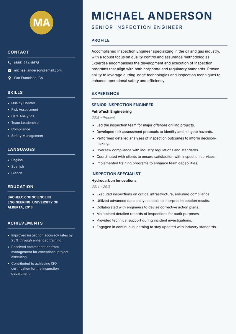 Inspection Engineer Oil Gas resume template — Classic Clean