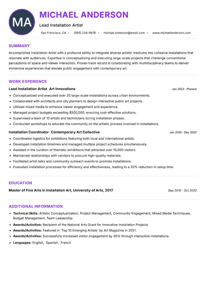 Installation Artist resume example — ATS-friendly template