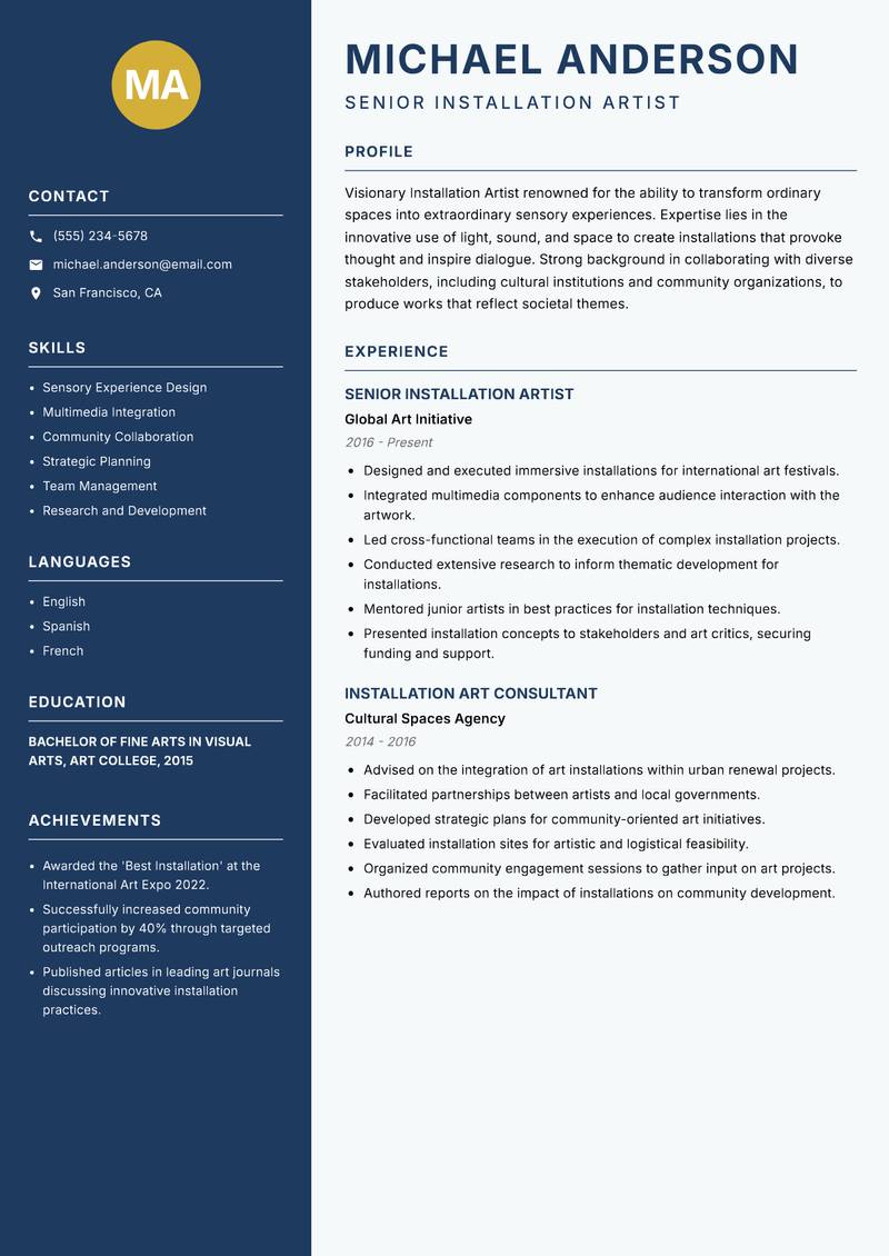 Installation Artist resume template — Classic Clean