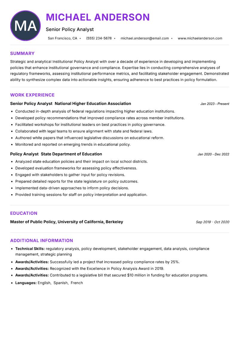 Institutional Policy Analyst resume example — ATS-friendly template