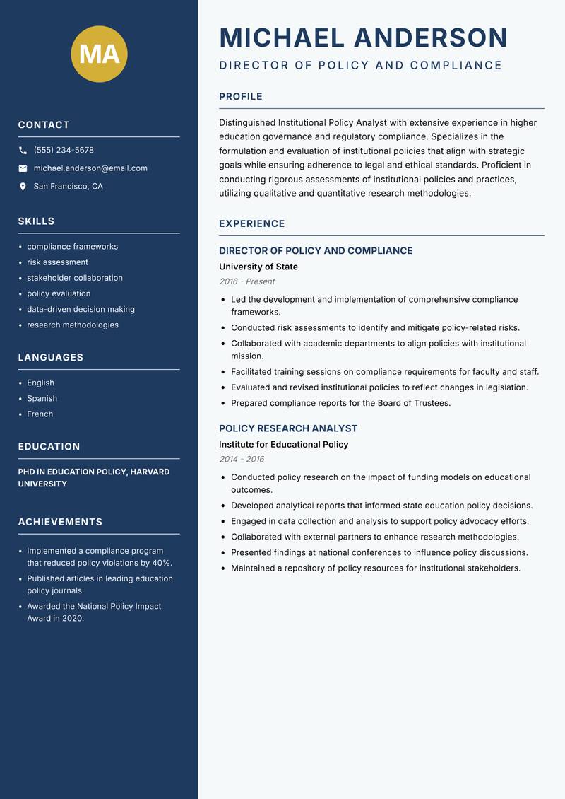 Institutional Policy Analyst resume template — Classic Clean
