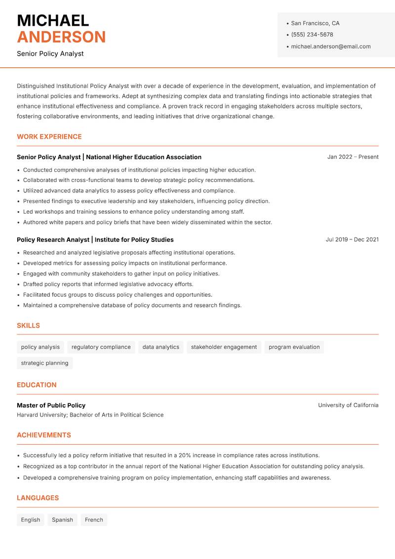 Institutional Policy Analyst resume template — Modern Professional