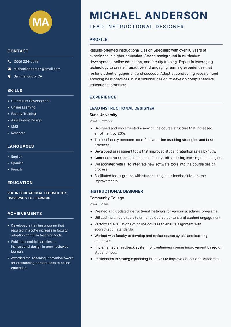 Instructional Design Specialist resume template — Classic Clean