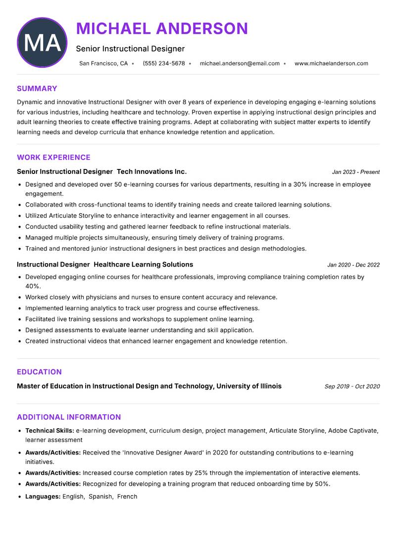 Instructional Designer resume example — ATS-friendly template