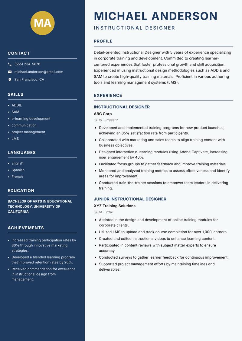 Instructional Designer resume template — Classic Clean
