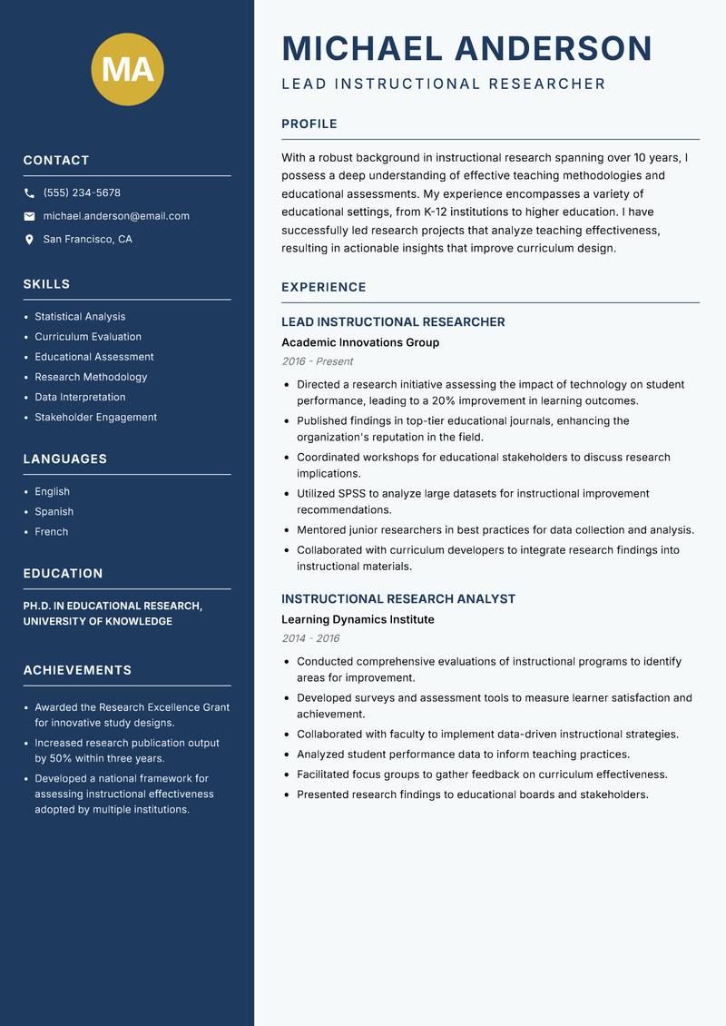 Instructional Researcher resume template — Classic Clean