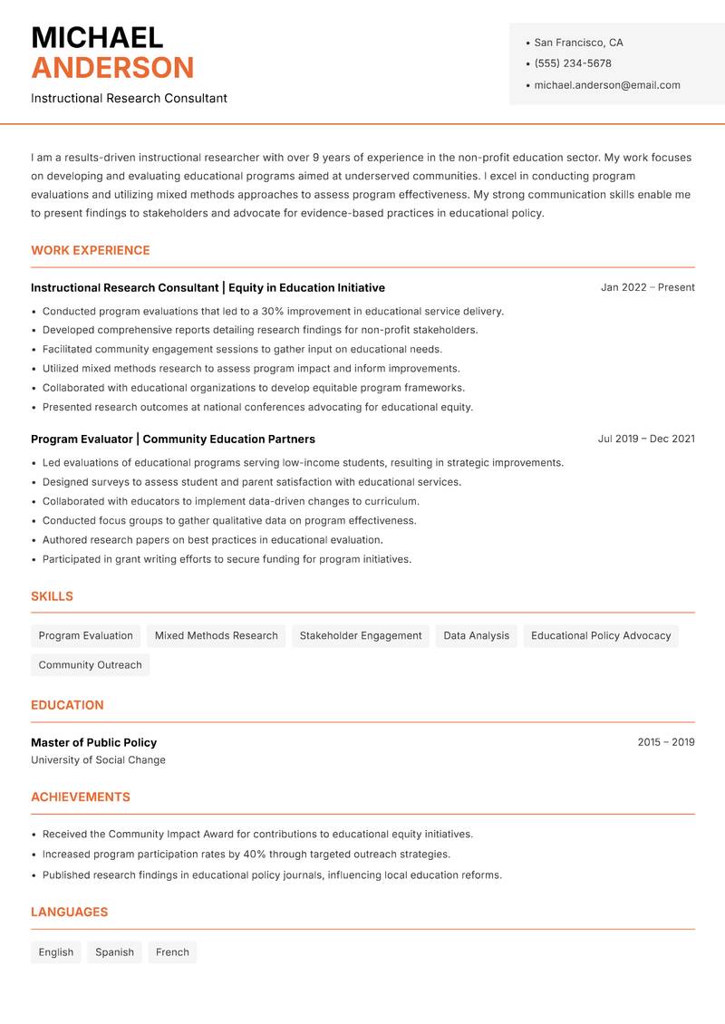 Instructional Researcher resume template — Modern Professional
