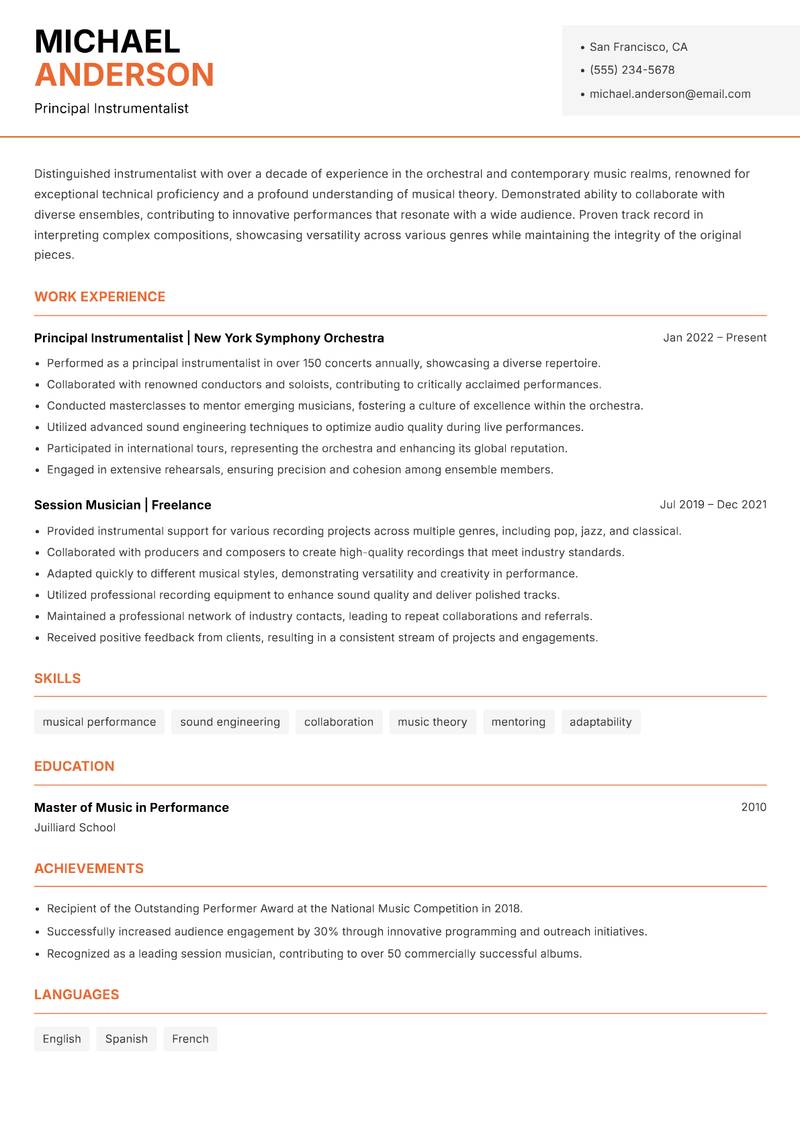 Instrumentalist resume template — Modern Professional