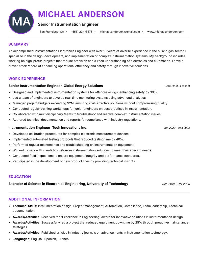 Instrumentation Electronics Engineer resume example — ATS-friendly template