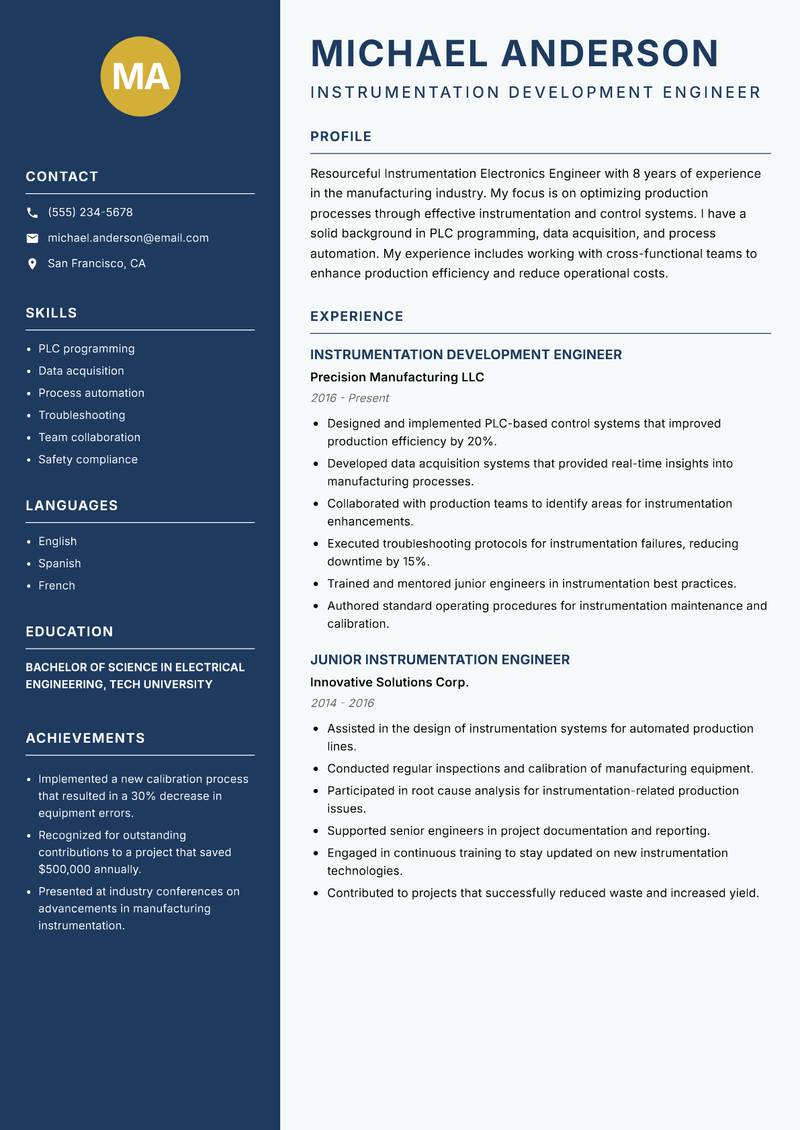 Instrumentation Electronics Engineer resume template — Classic Clean