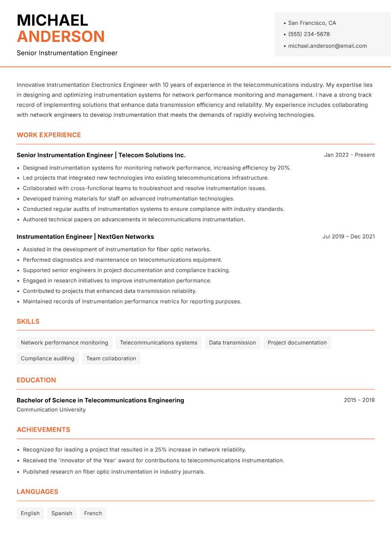 Instrumentation Electronics Engineer resume template — Modern Professional