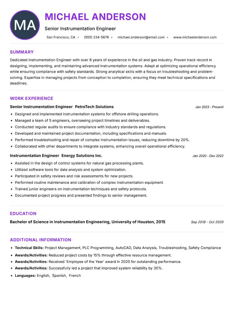 Instrumentation Engineer resume example — ATS-friendly template