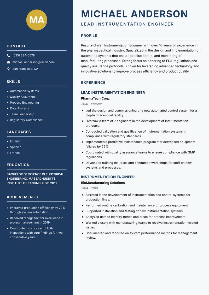 Instrumentation Engineer resume template — Classic Clean
