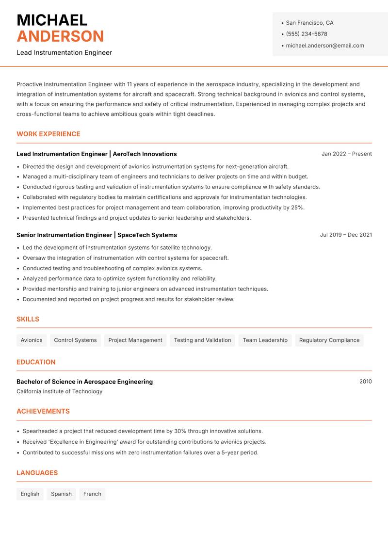 Instrumentation Engineer resume template — Modern Professional