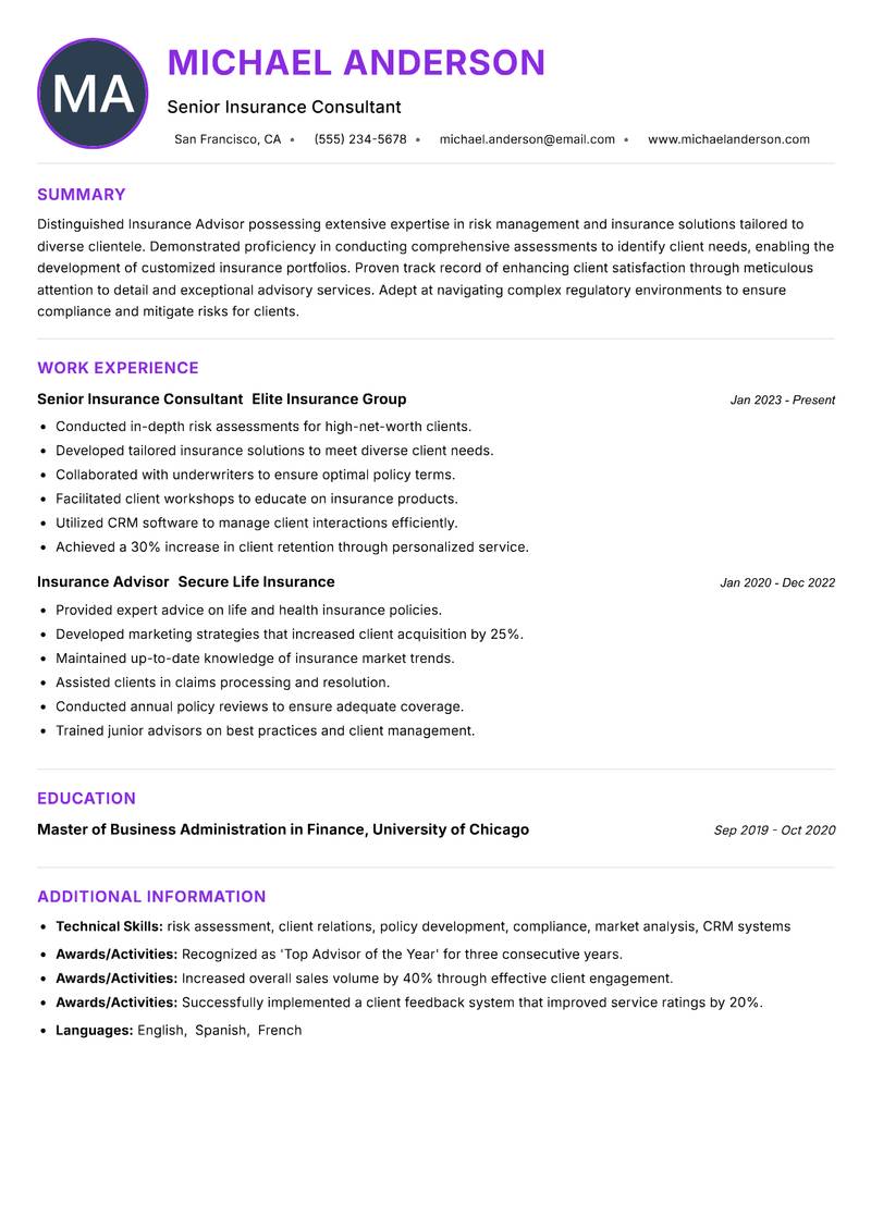 Insurance Advisor resume example — ATS-friendly template