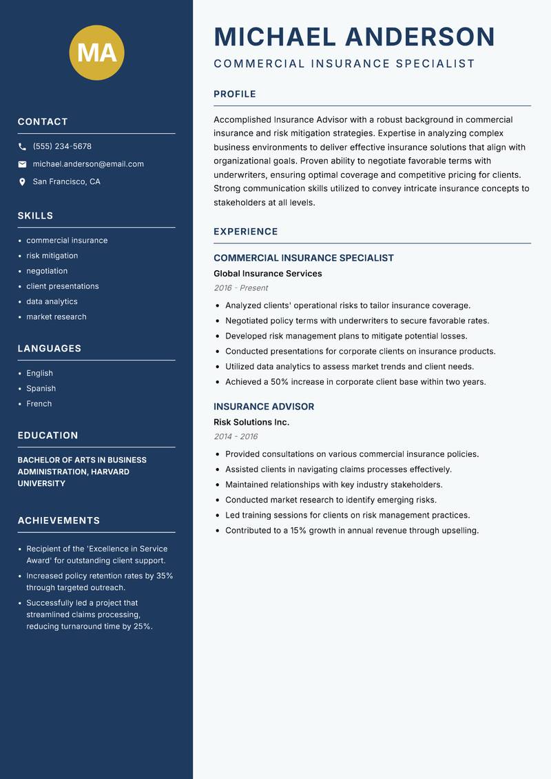 Insurance Advisor resume template — Classic Clean