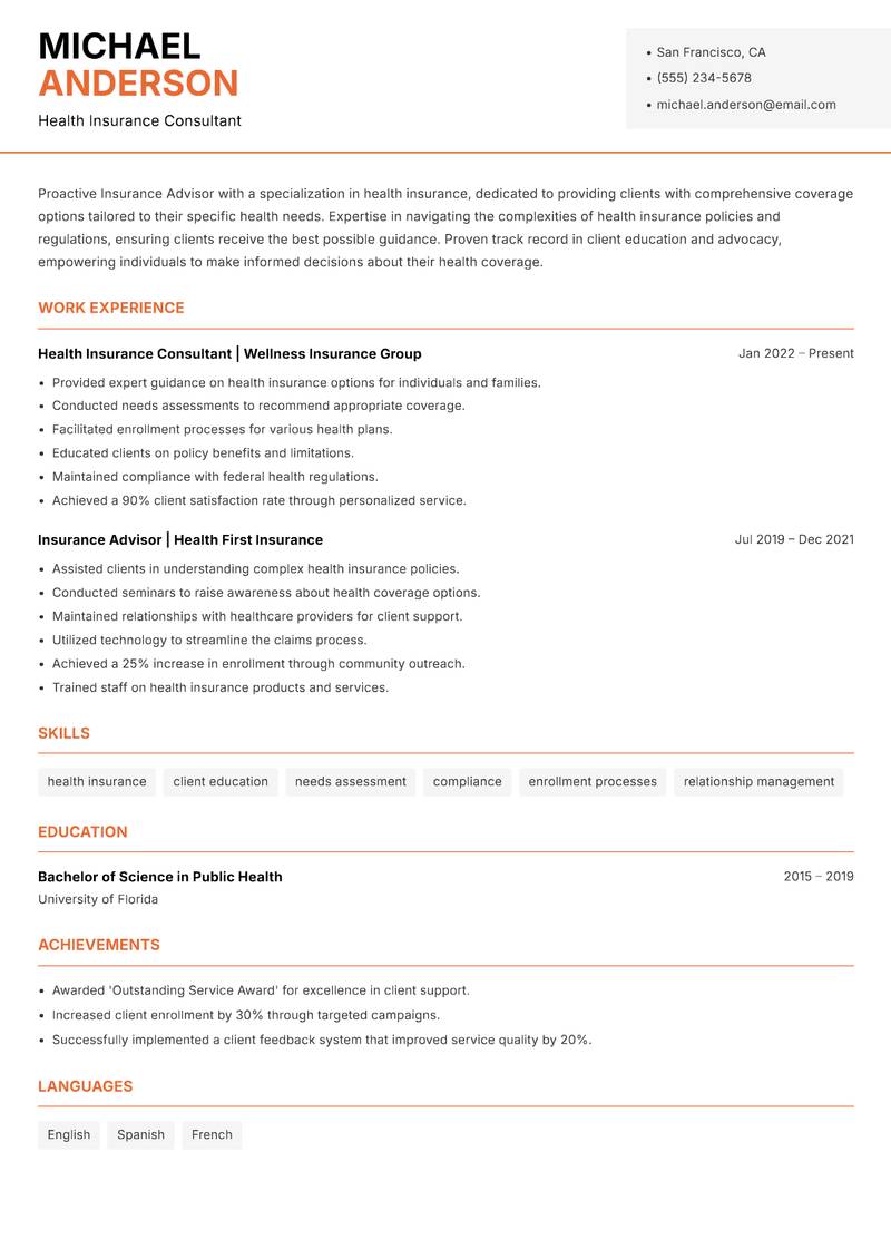 Insurance Advisor resume template — Modern Professional