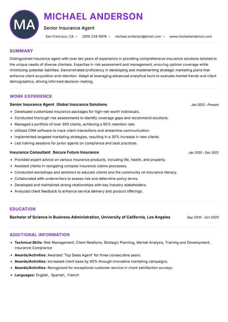 Insurance Agent resume example — ATS-friendly template