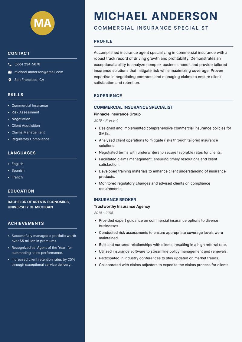 Insurance Agent resume template — Classic Clean