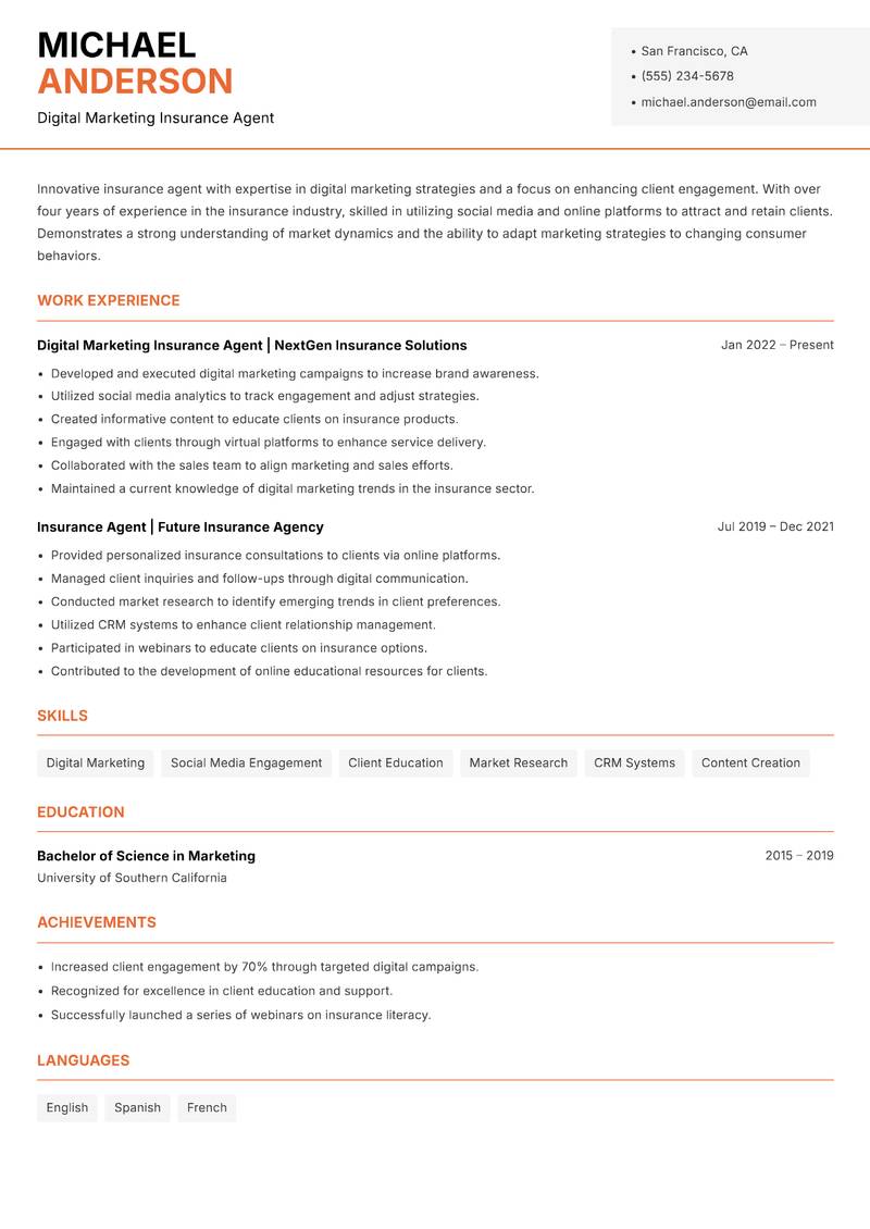 Insurance Agent resume template — Modern Professional