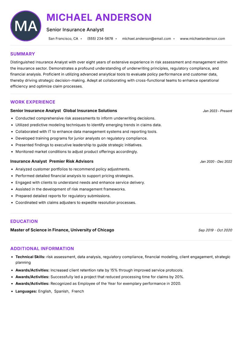 Insurance Analyst resume example — ATS-friendly template