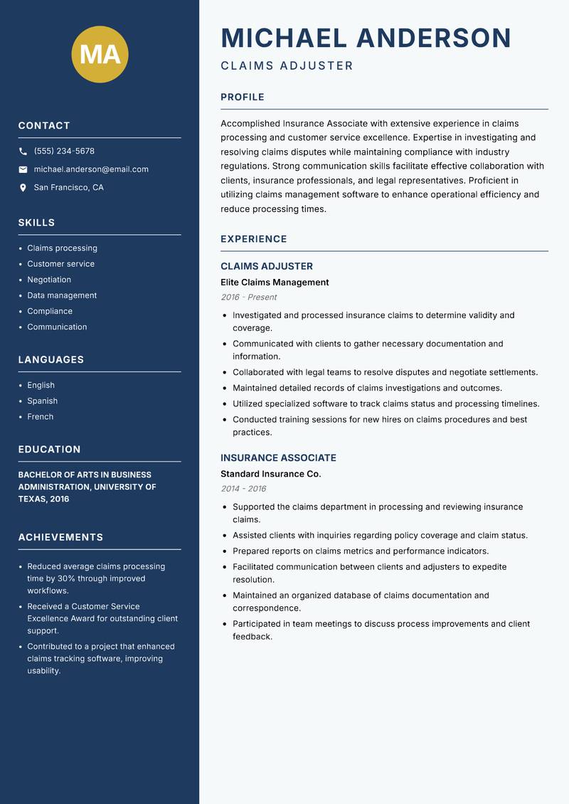 Insurance Associate resume template — Classic Clean