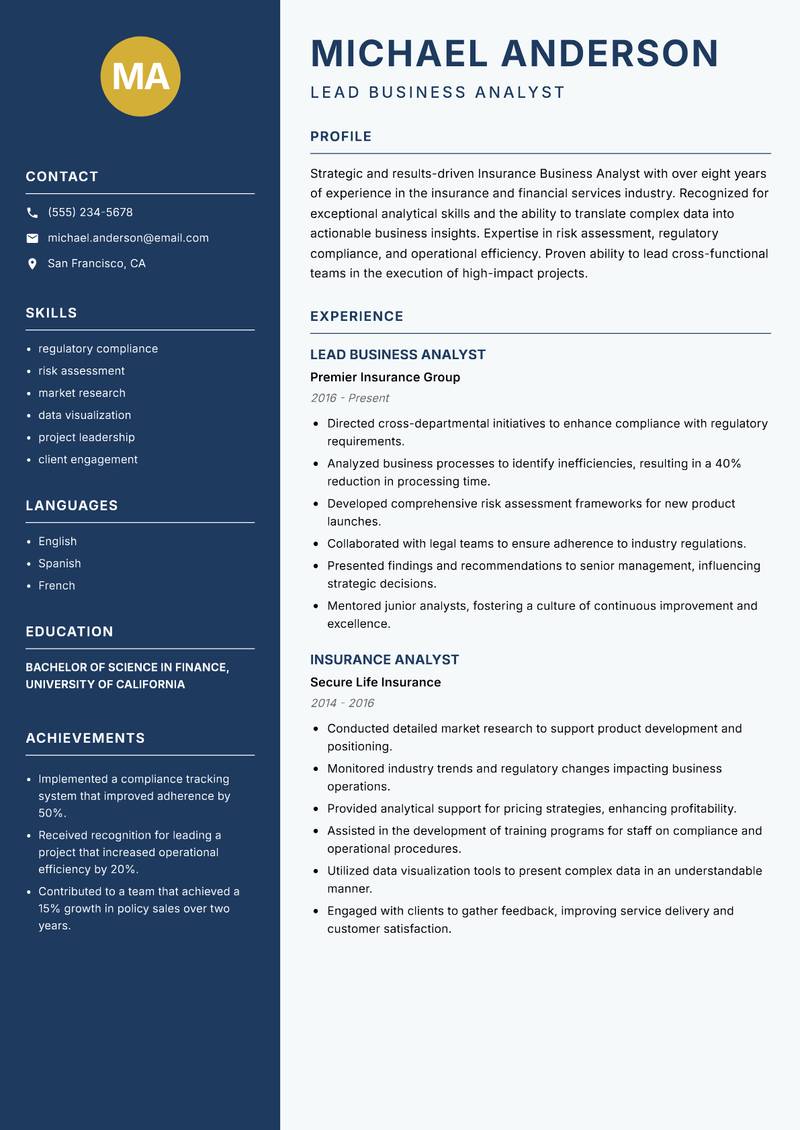 Insurance Business Analyst resume template — Classic Clean