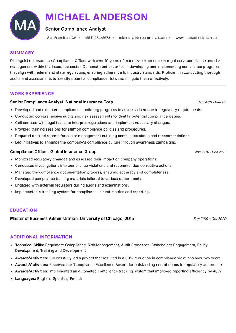 Insurance Compliance Officer resume example — ATS-friendly template