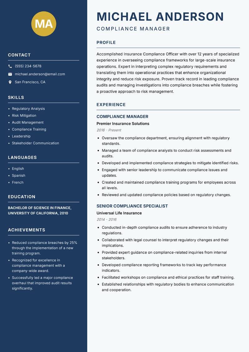 Insurance Compliance Officer resume template — Classic Clean