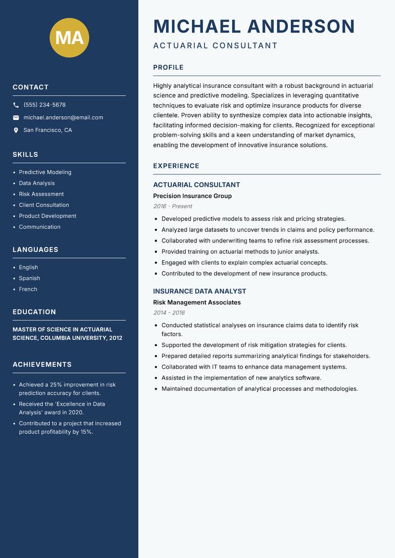 Insurance Consultant resume template — Classic Clean