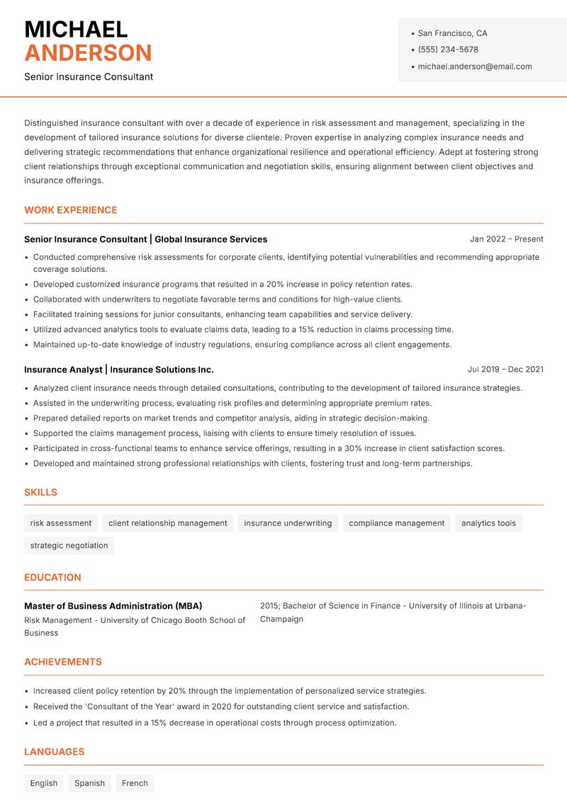Insurance Consultant resume template — Modern Professional