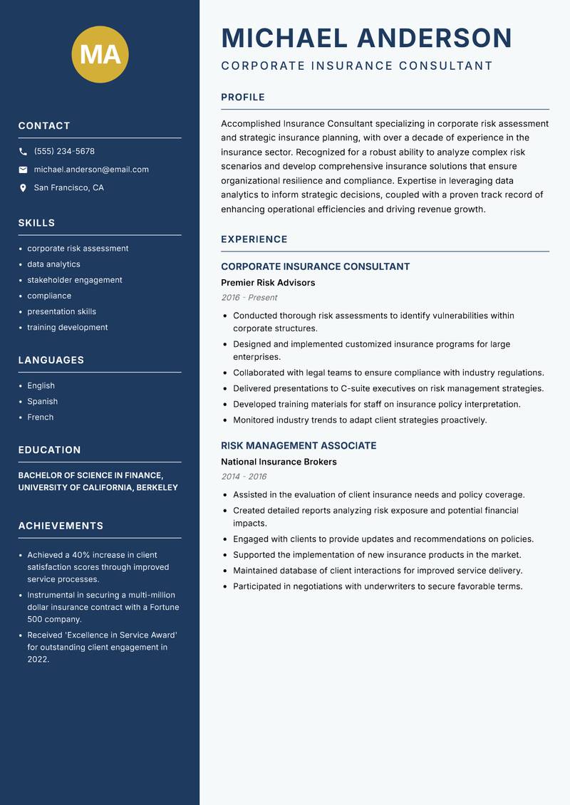 Insurance Consultant Strategy resume template — Classic Clean