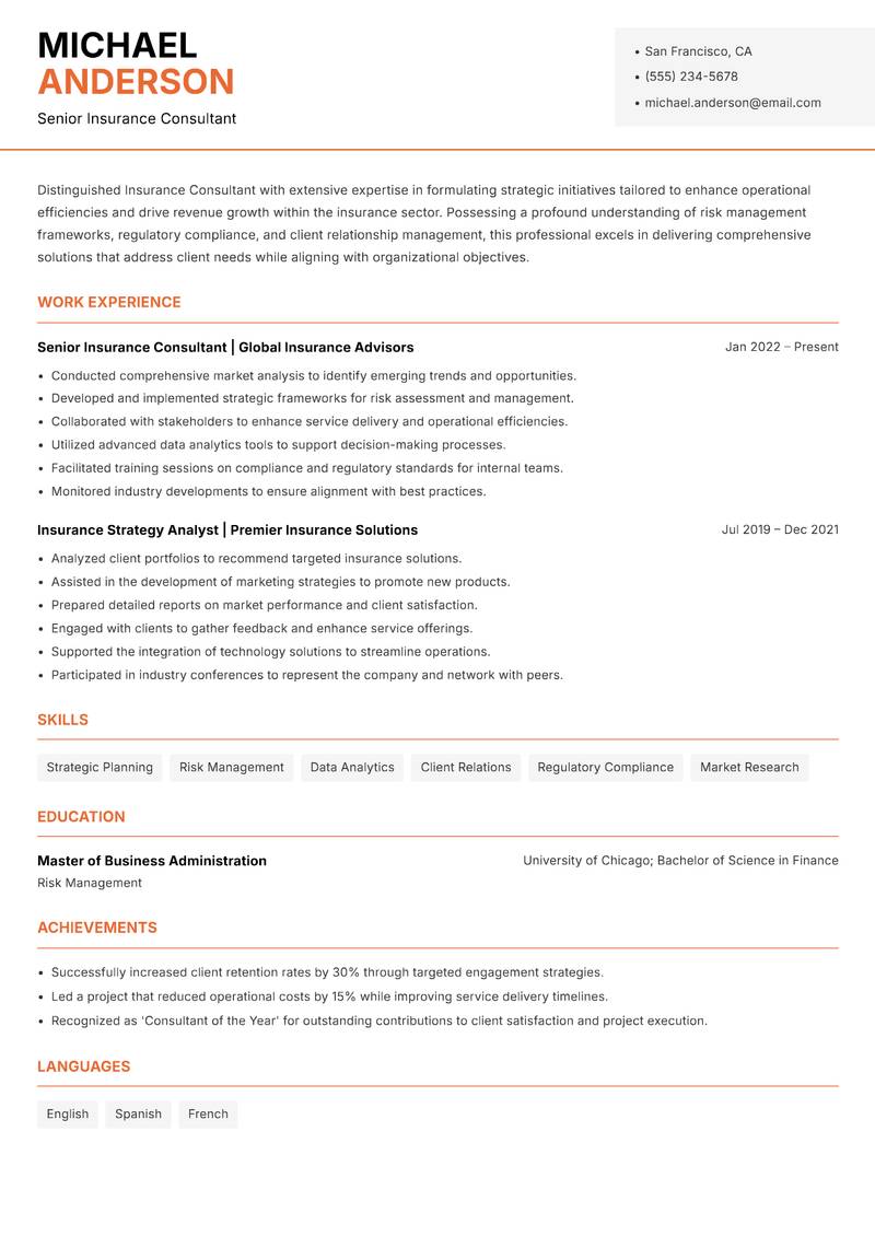 Insurance Consultant Strategy resume template — Modern Professional