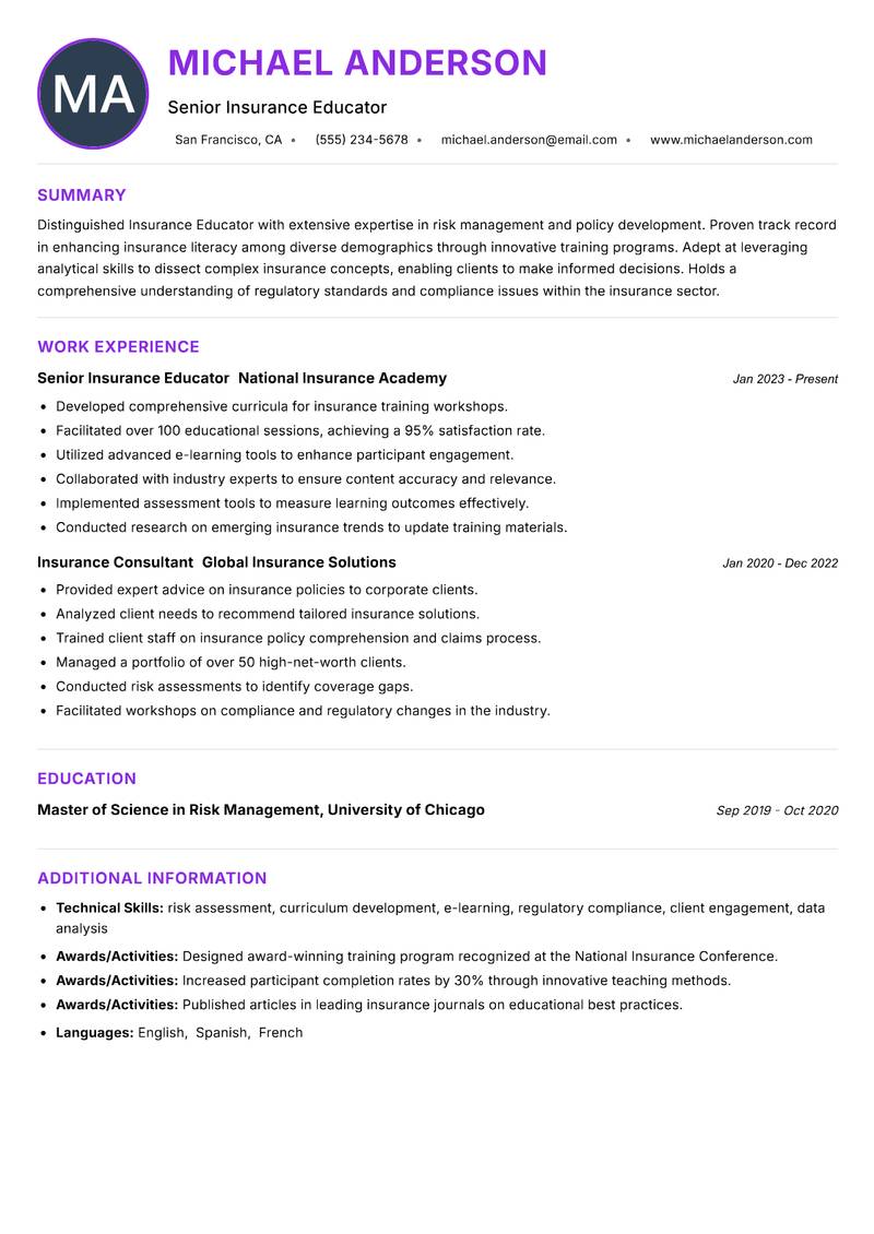Insurance Educator resume example — ATS-friendly template