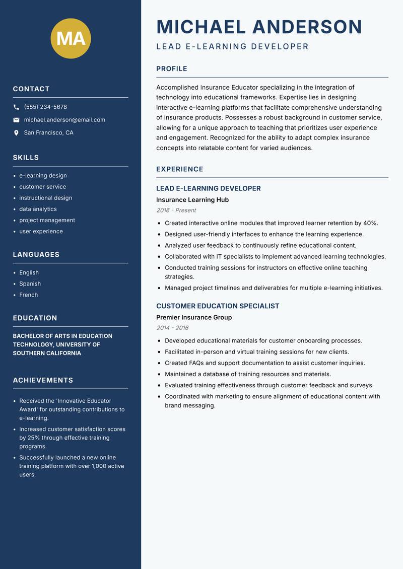 Insurance Educator resume template — Classic Clean