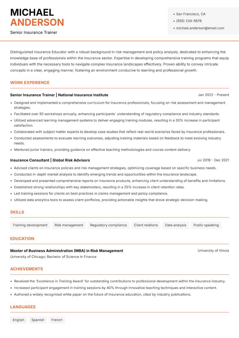 Insurance Educator resume template — Modern Professional