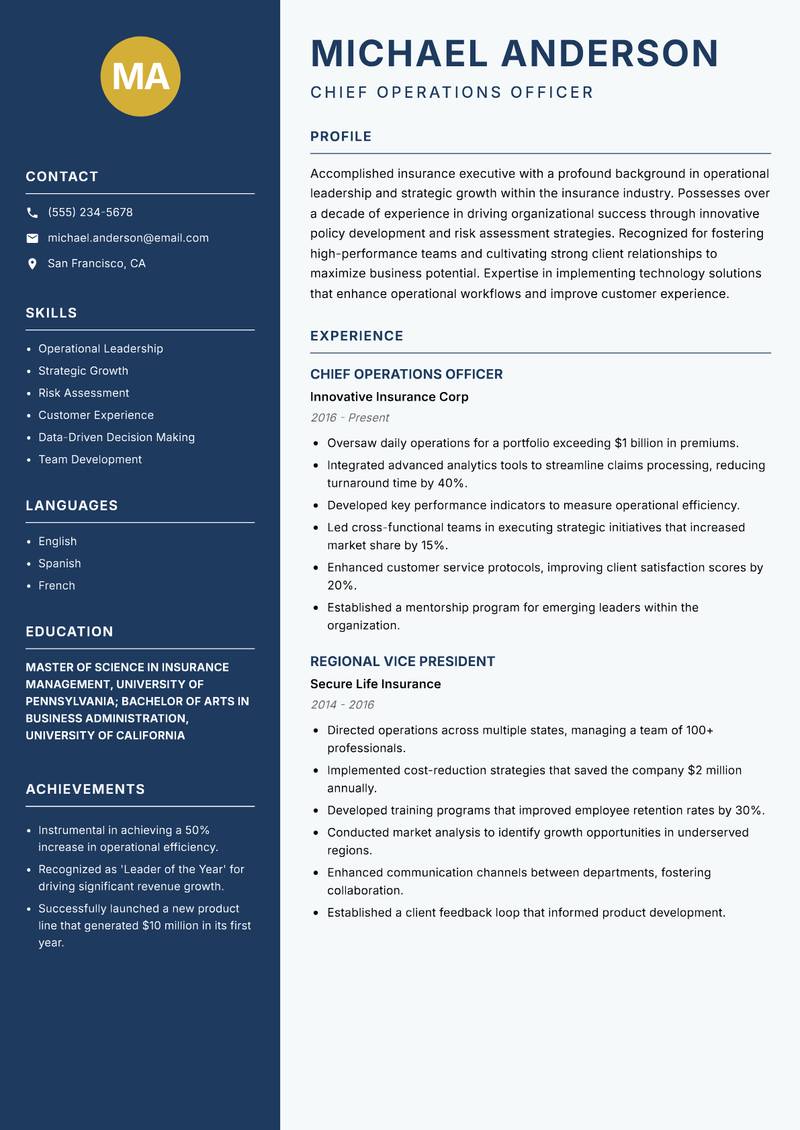 Insurance Executive resume template — Classic Clean