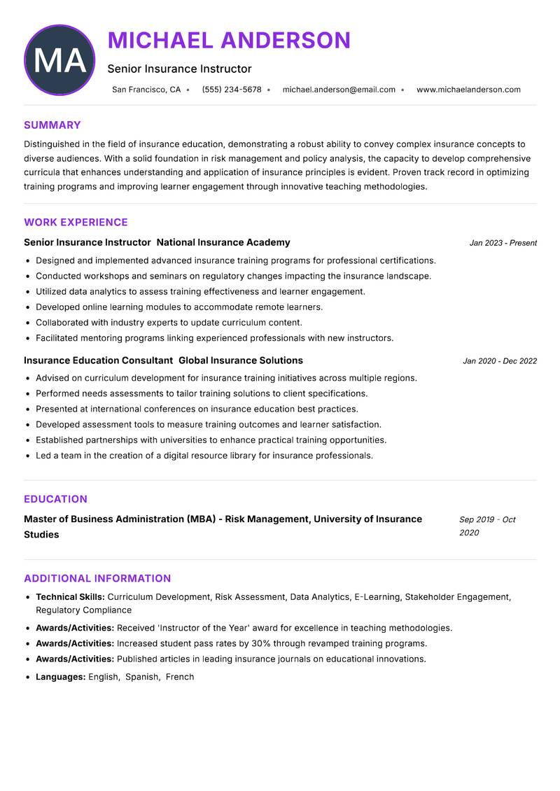 Insurance Instructor resume example — ATS-friendly template