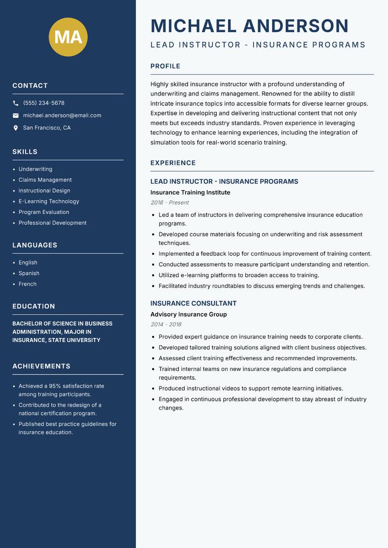 Insurance Instructor resume template — Classic Clean