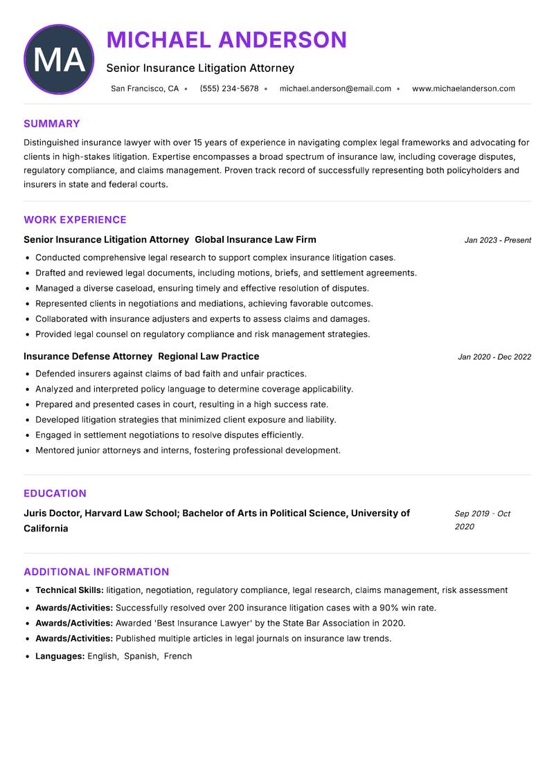 Insurance Lawyer resume example — ATS-friendly template
