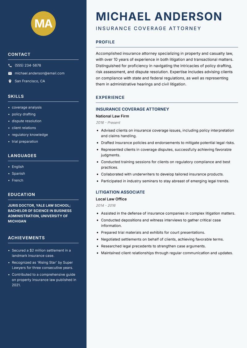 Insurance Lawyer resume template — Classic Clean