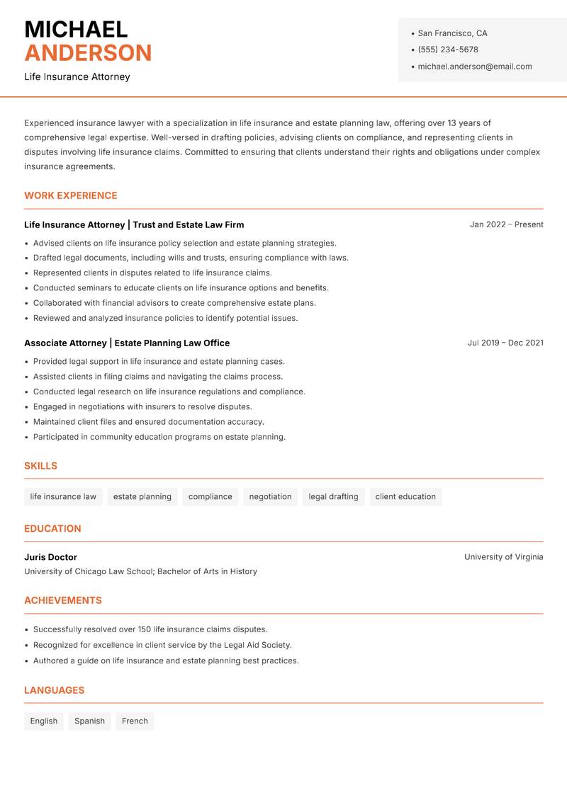 Insurance Lawyer resume template — Modern Professional