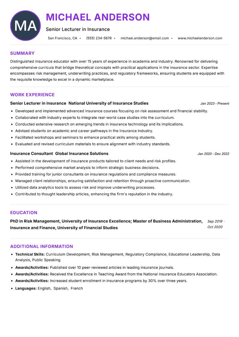 Insurance Lecturer resume example — ATS-friendly template