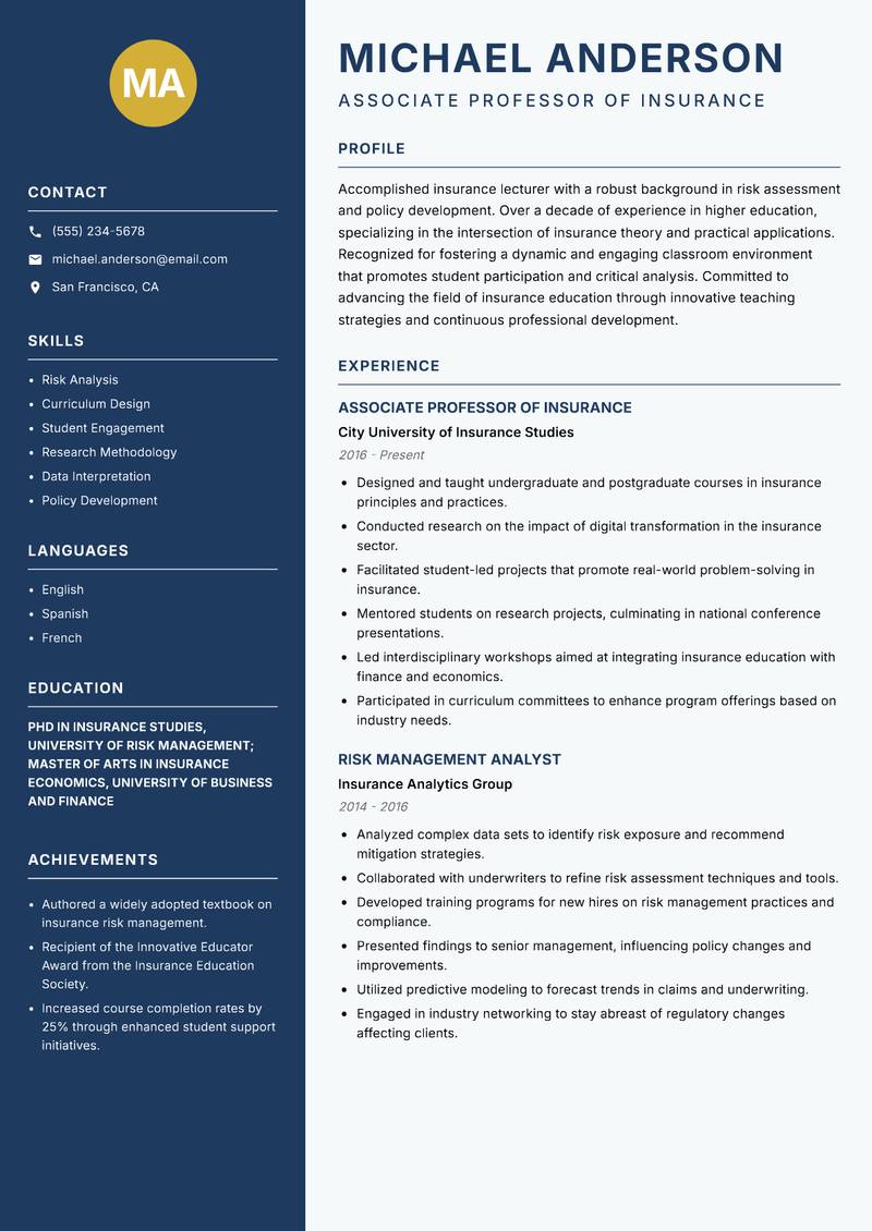 Insurance Lecturer resume template — Classic Clean