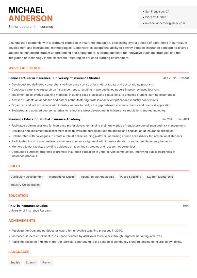 Insurance Lecturer resume template — Modern Professional