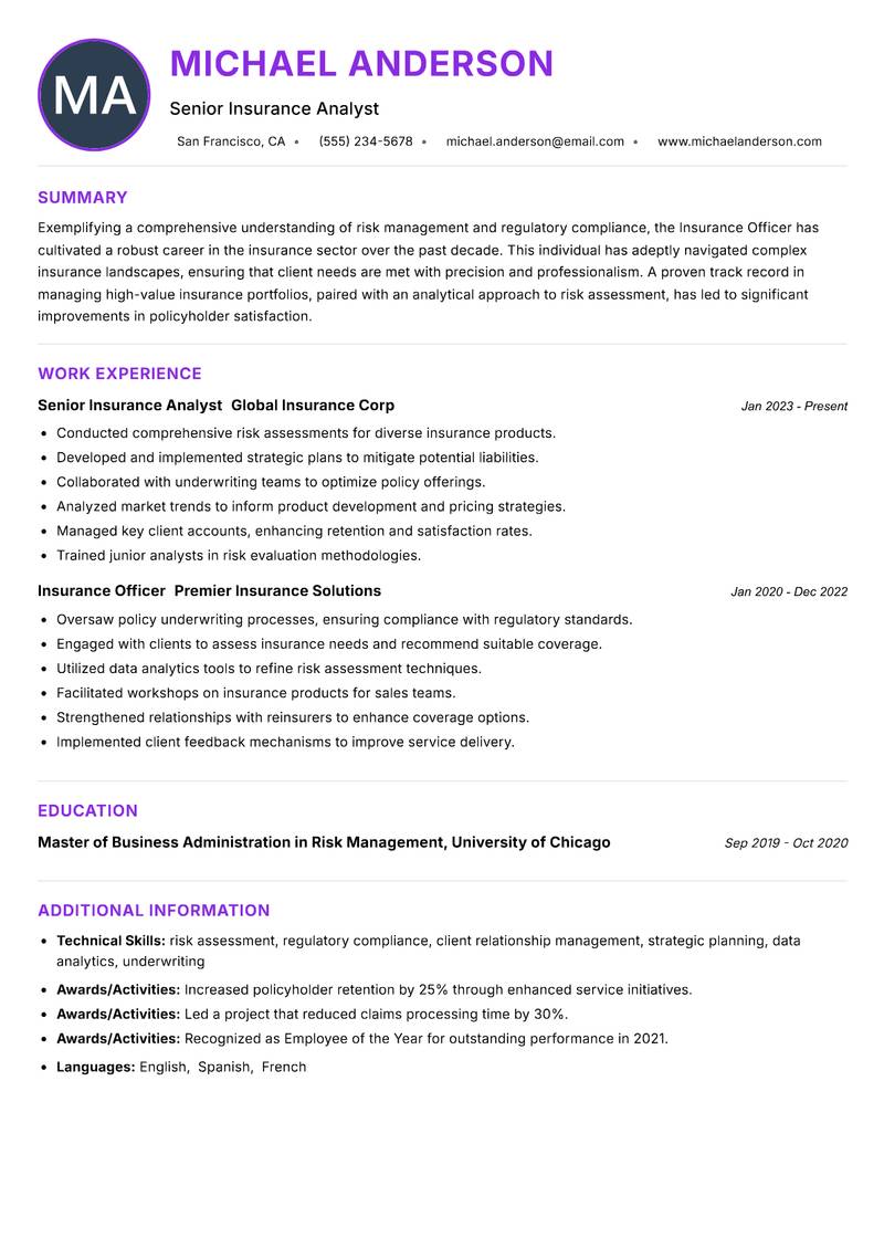 Insurance Officer resume example — ATS-friendly template